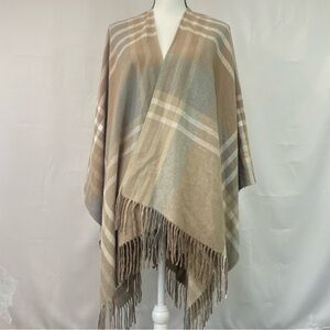 Jones New York Sign. Neutrals Camel Plaid Fringe Shawl Poncho Lagenlook Coastal